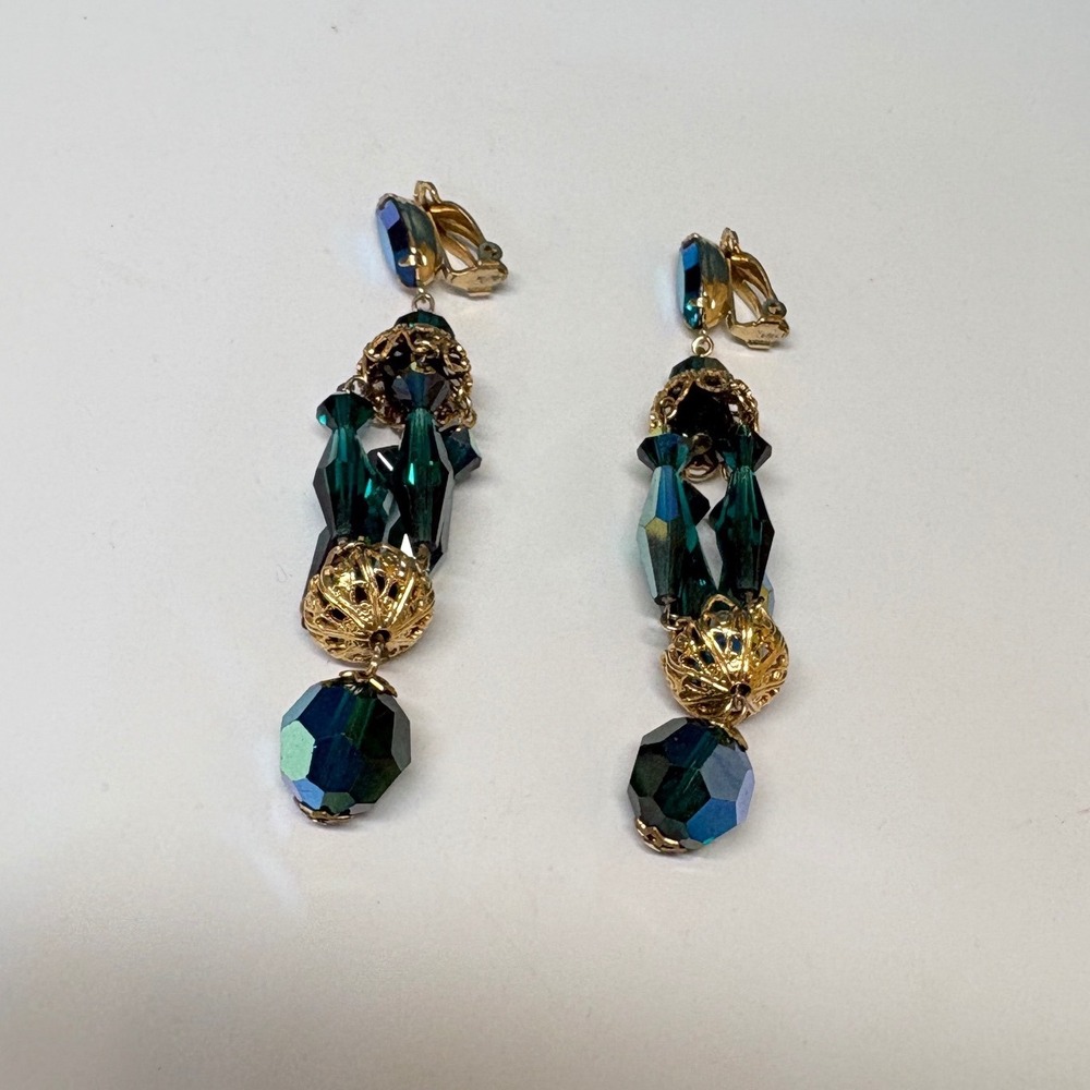 Vintage Emerald Green AB Crystal Dangle Clip On Earrings Gold Tone Filigree 3.5"